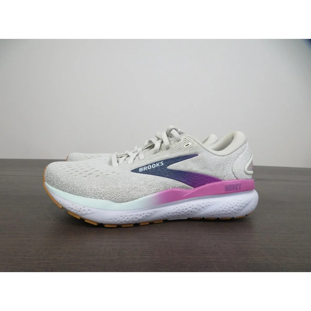 Brooks Ghost Athletic Shoe in Light Gray, Purple & Pink Accent